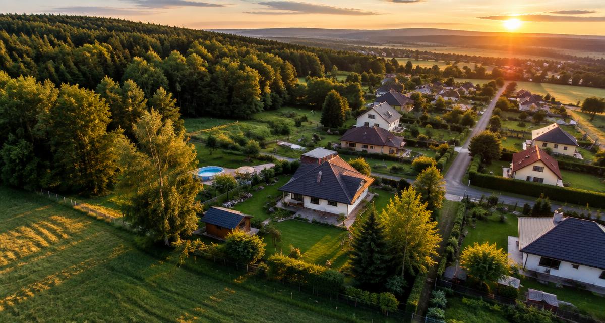 Dronové záběry nemovitosti ukazující dům a okolní lokalitu